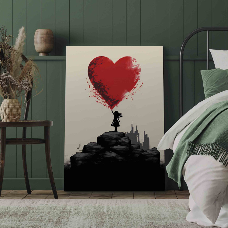 Canvas Red Heart - A Figure With a Balloon on a City Background Inspired by Banksy 151752 additionalImage 3