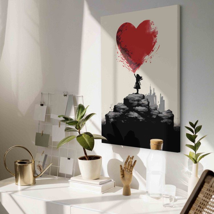 Canvas Red Heart - A Figure With a Balloon on a City Background Inspired by Banksy 151752 additionalImage 11