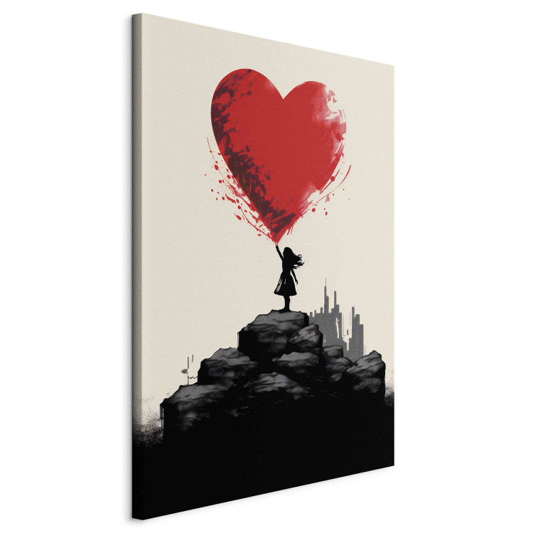 Canvas Red Heart - A Figure With a Balloon on a City Background Inspired by Banksy 151752 additionalImage 2