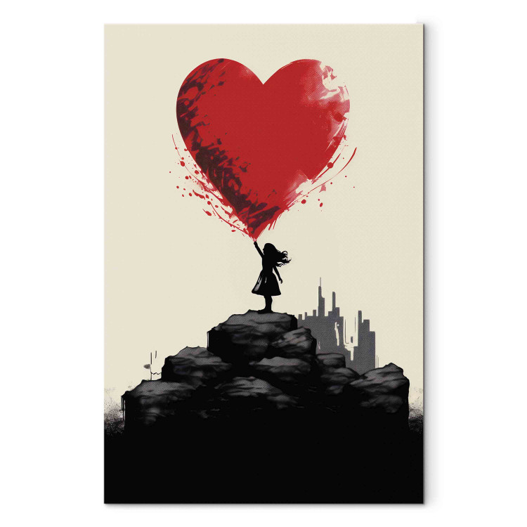 Canvas Red Heart - A Figure With a Balloon on a City Background Inspired by Banksy 151752
