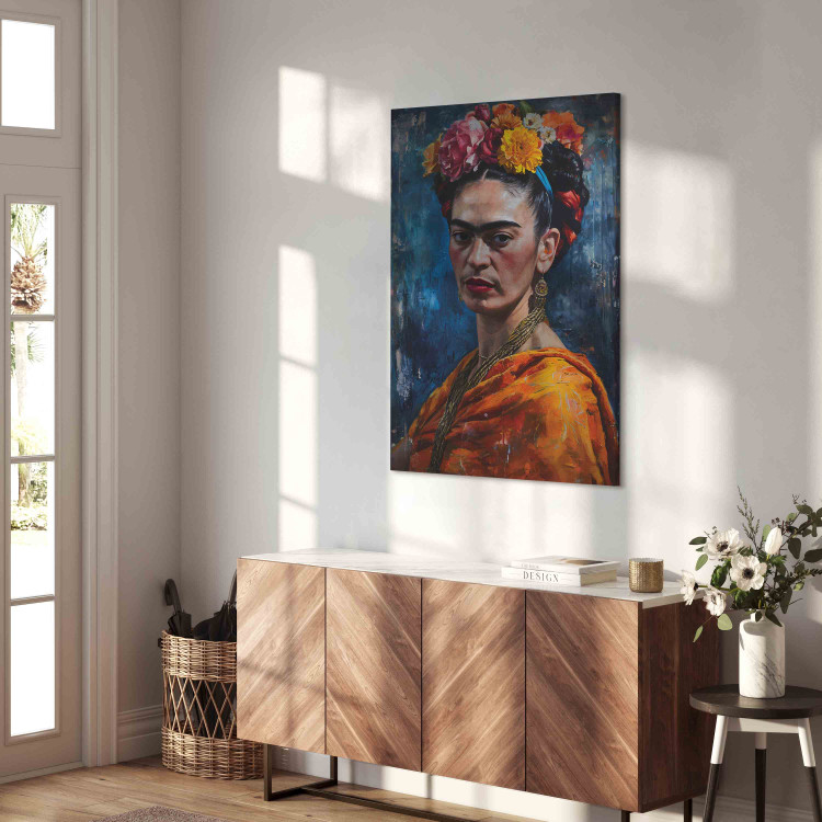 Canvas Art Print Frida Kahlo - Painterly Portrait of the Artist on a Dark Blue Background 152252 additionalImage 4