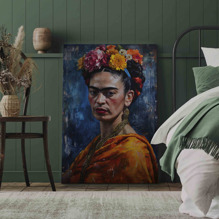 Canvas Art Print Frida Kahlo - Painterly Portrait of the Artist on a Dark Blue Background 152252 additionalImage 9