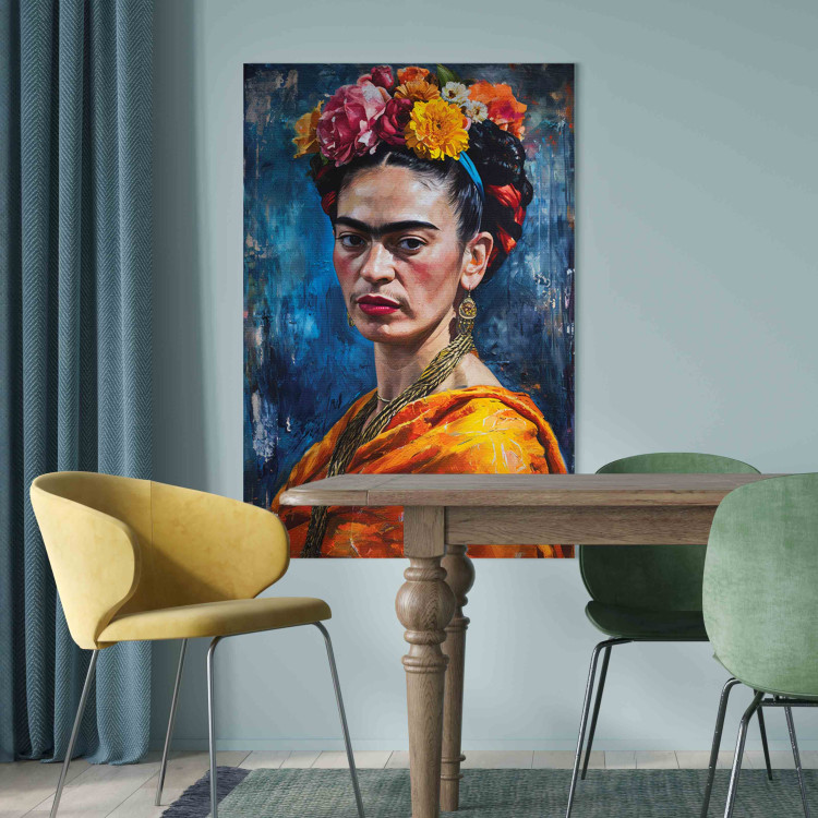 Canvas Art Print Frida Kahlo - Painterly Portrait of the Artist on a Dark Blue Background 152252 additionalImage 5