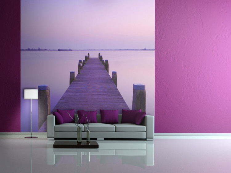 Photo Wallpaper Purple Sunset - Serene Lake Landscape with a Pier in the Center 60252