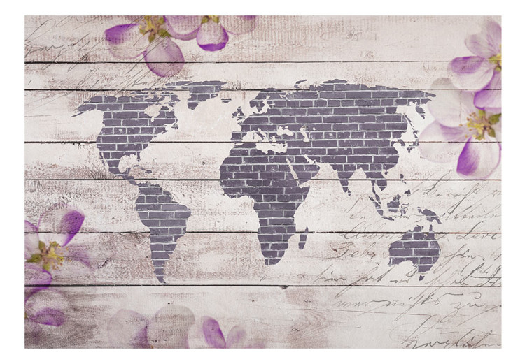Photo Wallpaper World of flowers - brick map of the world on a background of white boards with inscriptions 63952 additionalImage 1