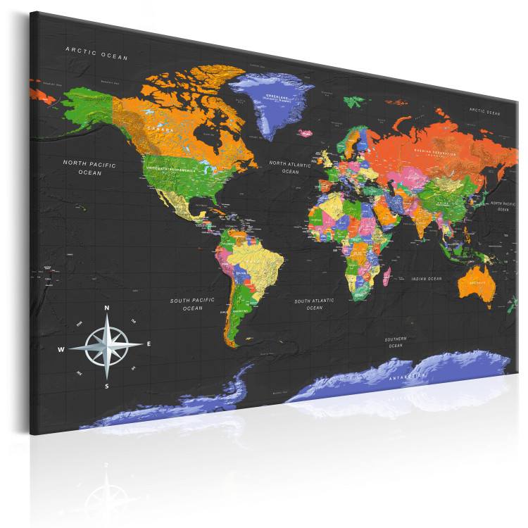 Canvas Art Print Ocean in Black (1-part) - English Labeled Colorful World Map 95952 additionalImage 2