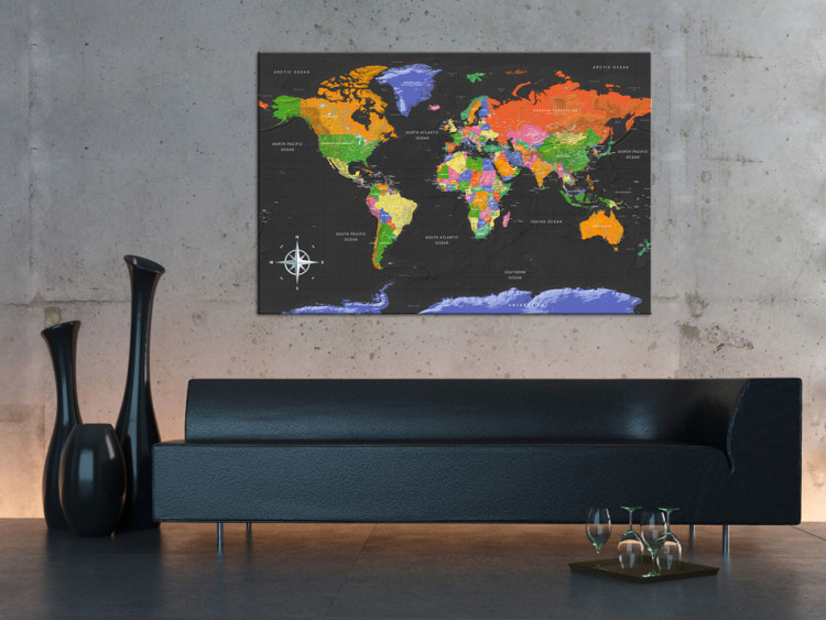 Canvas Art Print Ocean in Black (1-part) - English Labeled Colorful World Map 95952 additionalImage 3