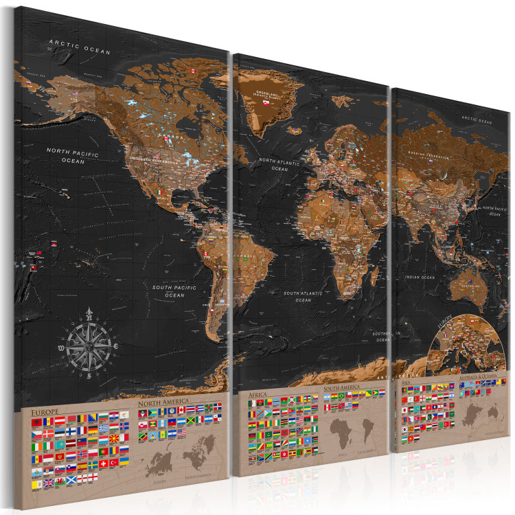 Canvas Art Print World: Brown Map II - World Map in English with Country Flags 98052 additionalImage 2