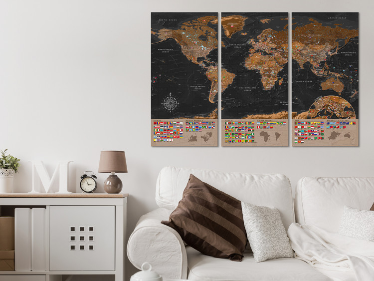Canvas Art Print World: Brown Map II - World Map in English with Country Flags 98052 additionalImage 3