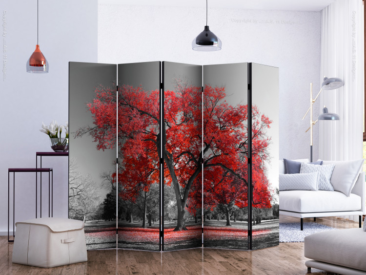 Folding Screen Autumn in the Park II - black and white landscape of trees with red leaves 122962 additionalImage 2
