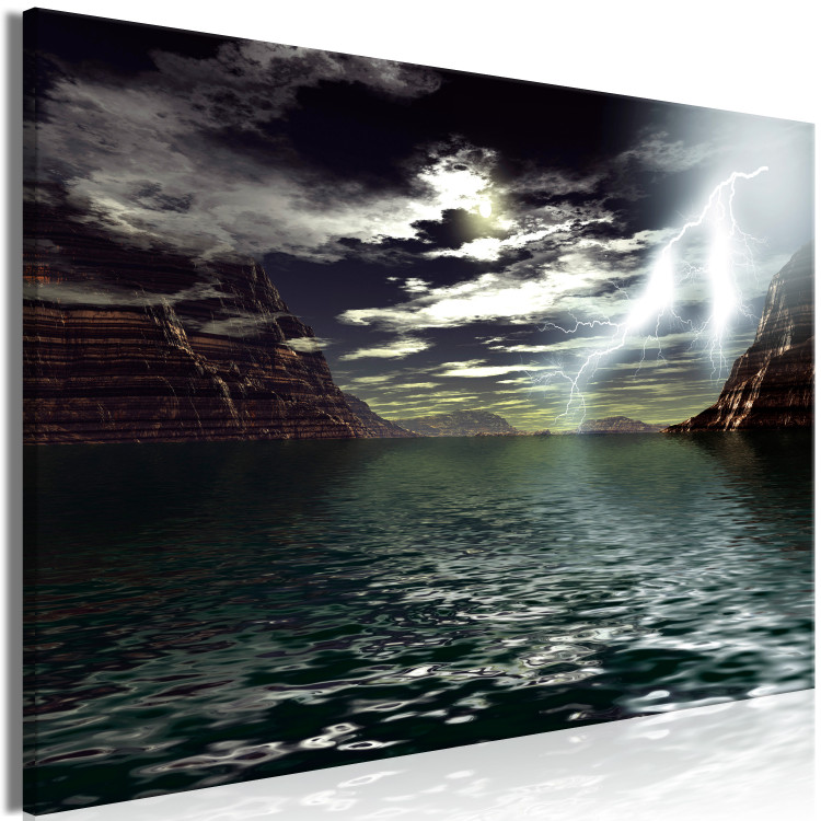 Canvas Print Night storm over the lake - landscape with lightning, rocks and clouds 123462 additionalImage 2
