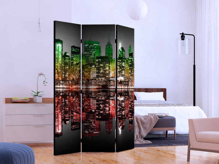 Room Divider Screen Reggae - New York (3-piece) - colorful skyscrapers at night 124262 additionalImage 2