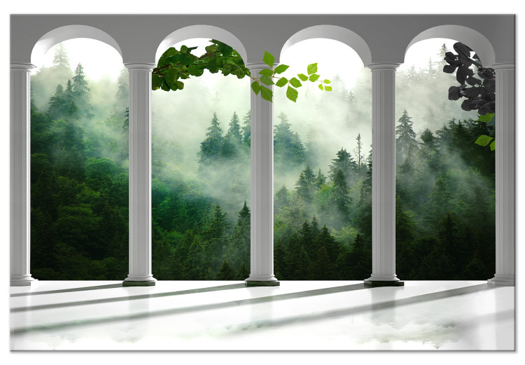 Canvas Print White columns in forest - architecture against trees in fog background 125162