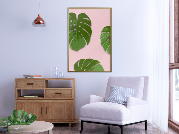 Poster Fragment of Exoticism - tropical green monstera leaves on a pink background 127062 additionalImage 5