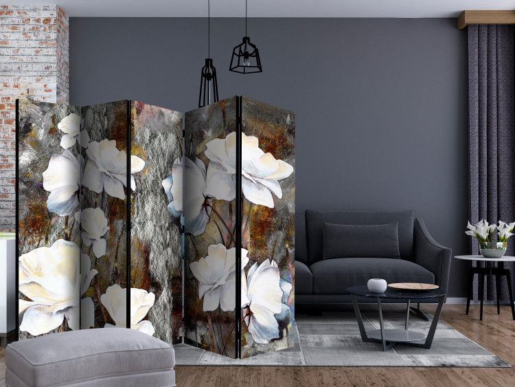 Folding Screen Small Gesture II (5-piece) - composition in white flowers on a dark background 132762 additionalImage 4