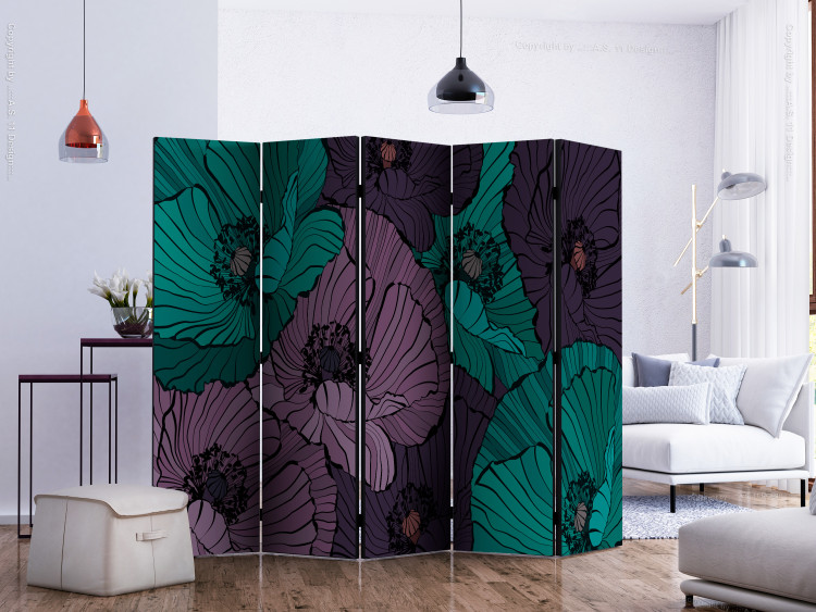 Room Divider Flower Bed II - blue and lilac poppy flowers in a comic style 133962 additionalImage 2