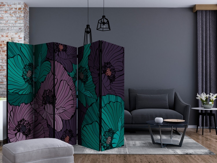 Room Divider Flower Bed II - blue and lilac poppy flowers in a comic style 133962 additionalImage 4