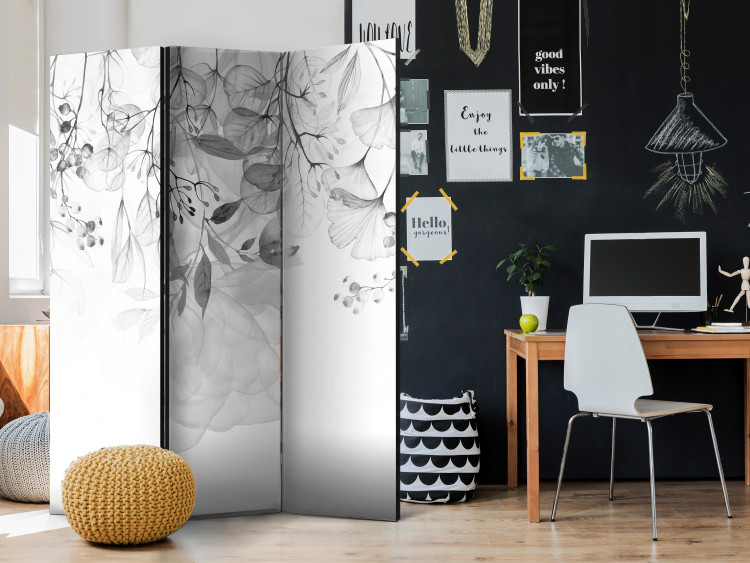 Room Separator Misty Nature - Gray (3-piece) - Black and white pattern in leaves 136162 additionalImage 2