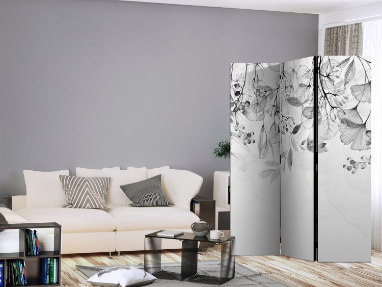 Room Separator Misty Nature - Gray (3-piece) - Black and white pattern in leaves 136162 additionalImage 4