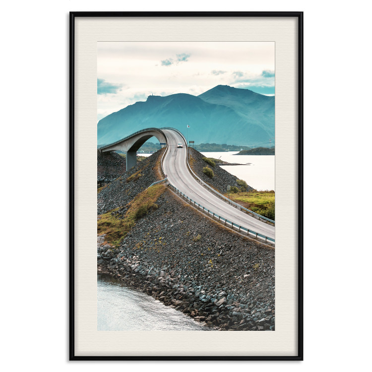 Poster Road through Lakes - landscape of a road and bridge against tall mountains 138762 additionalImage 2