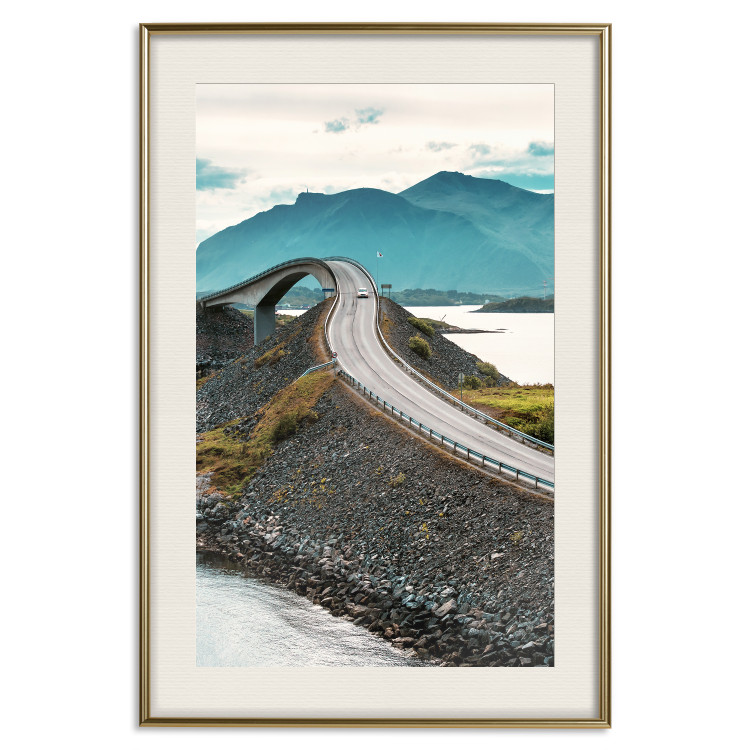 Poster Road through Lakes - landscape of a road and bridge against tall mountains 138762 additionalImage 3