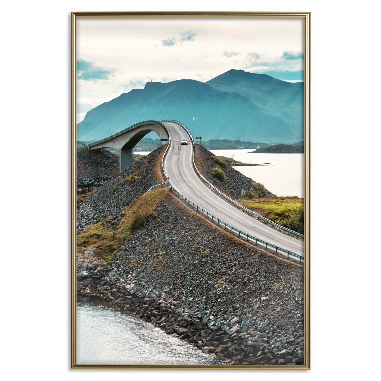 Poster Road through Lakes - landscape of a road and bridge against tall mountains 138762 additionalImage 24