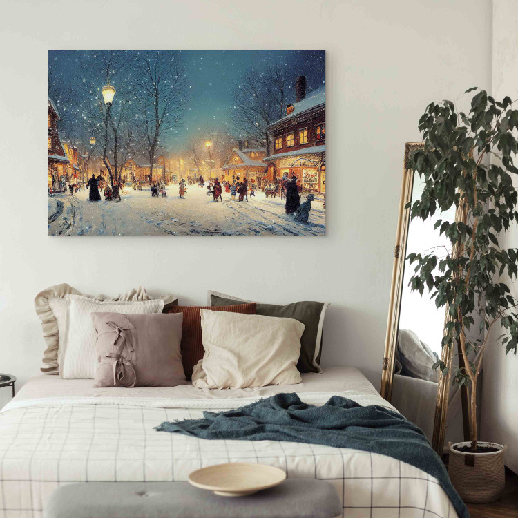 Canvas Print Winter Town - Snowy Street Lit up With Retro Lanterns 151862 additionalImage 3