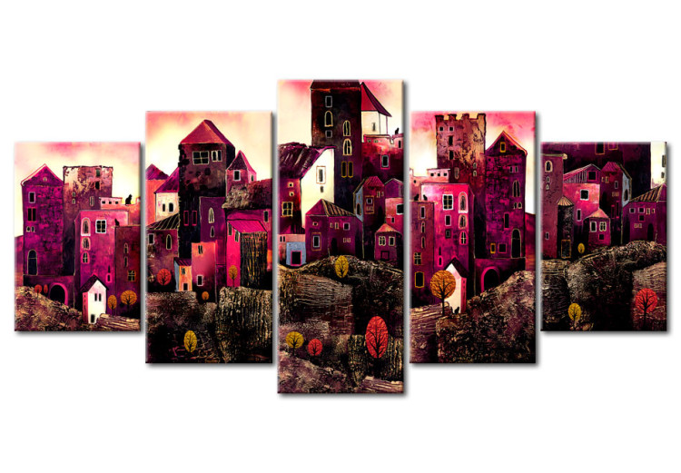 Canvas Architecture of Dreams (5-piece) - abstract pink city with houses 46962