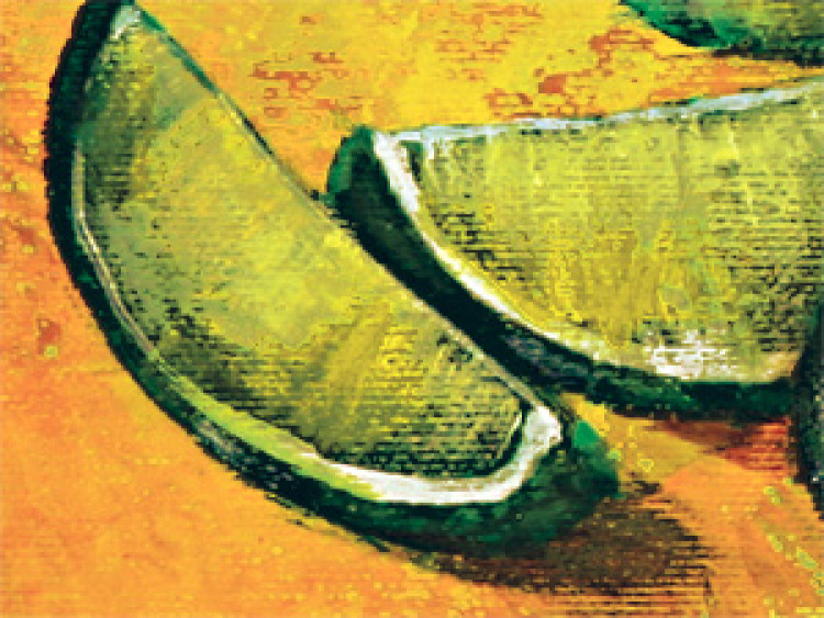 Canvas Still Life (3-piece) - Composition with limes on an orange background 48462 additionalImage 3
