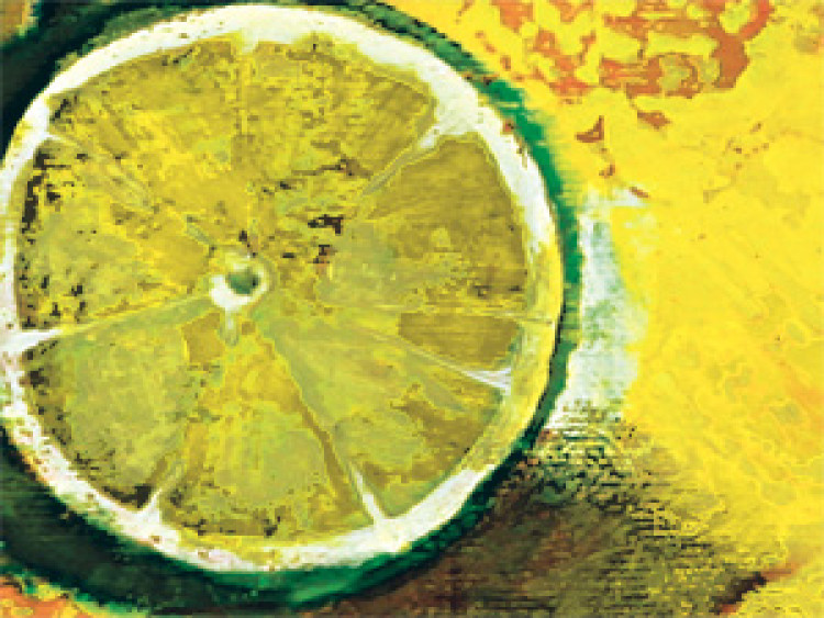 Canvas Still Life (3-piece) - Composition with limes on an orange background 48462 additionalImage 2