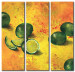 Canvas Still Life (3-piece) - Composition with limes on an orange background 48462