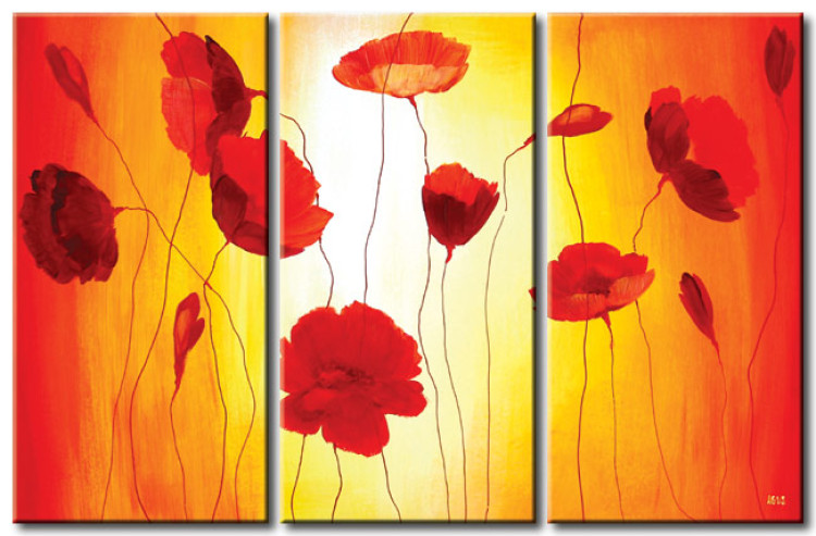 Canvas Poppies in the Sun (3-piece) - Flowers on shades of orange background 48562