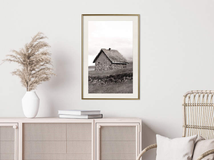 Poster Fisherman's Hut - landscape of a field and a stone house against a clear sky 130272 additionalImage 22