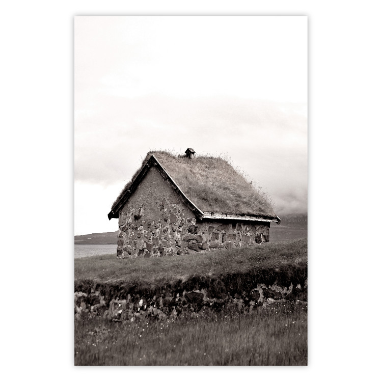 Poster Fisherman's Hut - landscape of a field and a stone house against a clear sky 130272