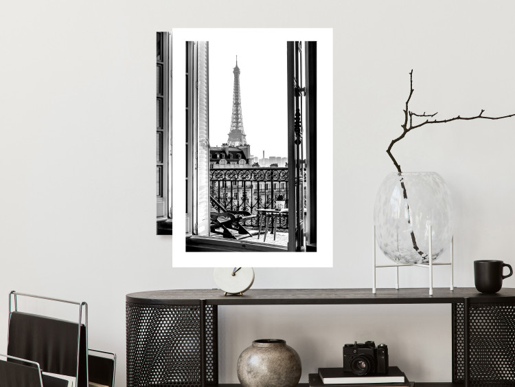 Wall Poster Balcony View - black and white landscape view from a window overlooking the Eiffel Tower 132272 additionalImage 3