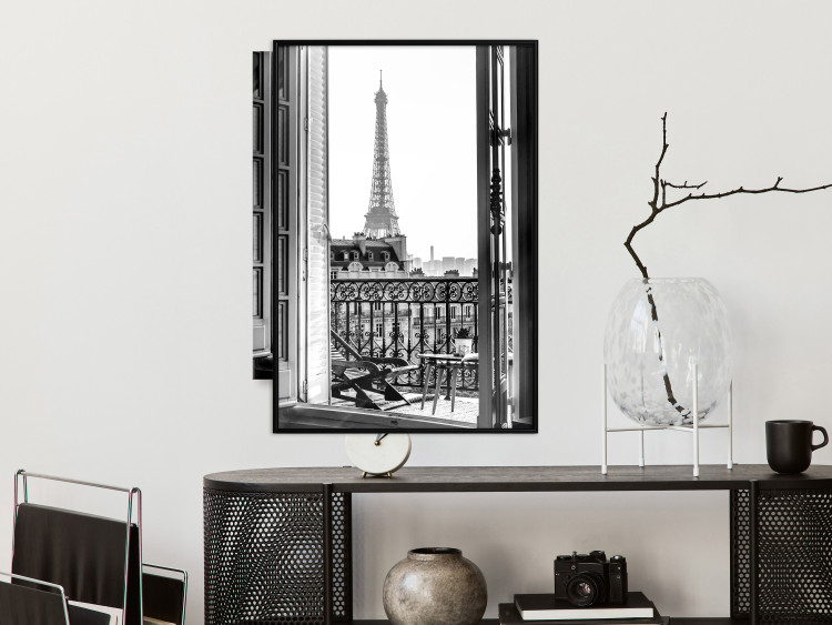 Wall Poster Balcony View - black and white landscape view from a window overlooking the Eiffel Tower 132272 additionalImage 4