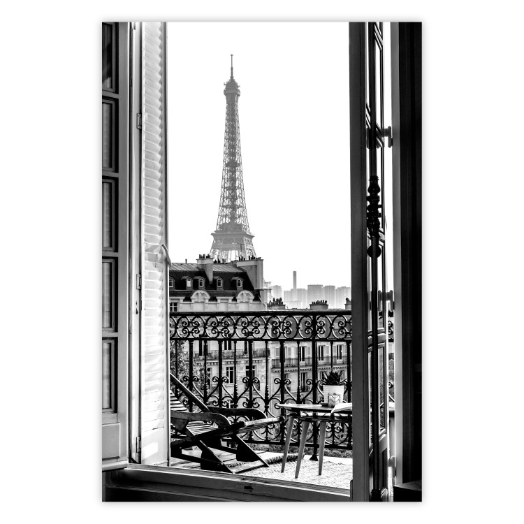 Wall Poster Balcony View - black and white landscape view from a window overlooking the Eiffel Tower 132272