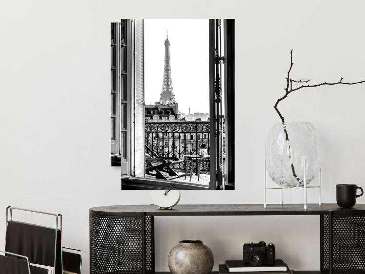 Wall Poster Balcony View - black and white landscape view from a window overlooking the Eiffel Tower 132272 additionalImage 2