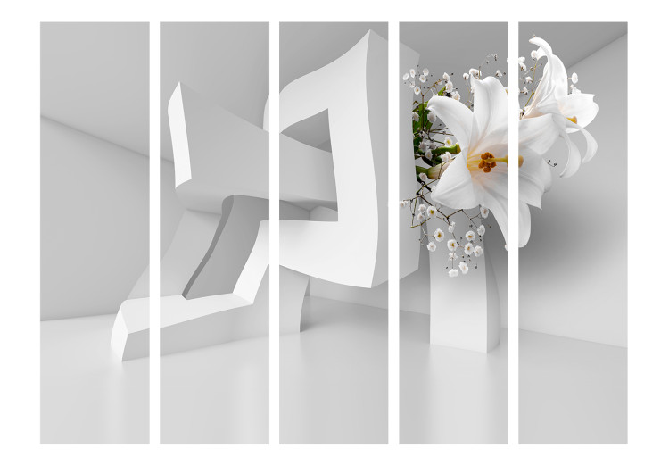Folding Screen Twisted Illusion II (5-piece) - flowers on white background 132872 additionalImage 3