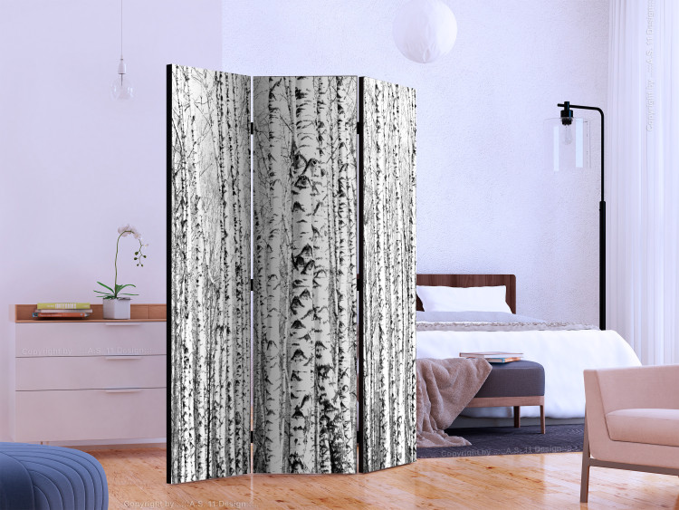 Room Divider Birch Forest (3-piece) - black and white landscape among tall trees 133172 additionalImage 2