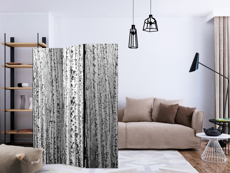 Room Divider Birch Forest (3-piece) - black and white landscape among tall trees 133172 additionalImage 4