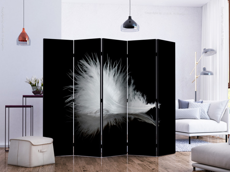 Room Separator White Feather II (5-piece) - black and white composition with a feather 133272 additionalImage 2