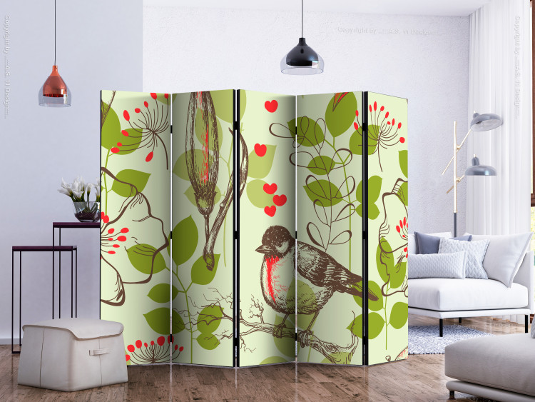 Room Divider Screen Bird and Lilies - Vintage Motif II (5-piece) - pattern with flowers and leaves 133372 additionalImage 2