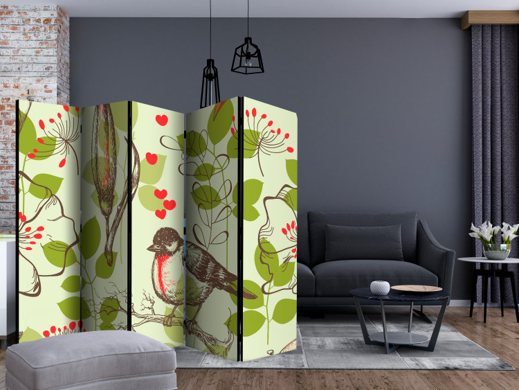 Room Divider Screen Bird and Lilies - Vintage Motif II (5-piece) - pattern with flowers and leaves 133372 additionalImage 4