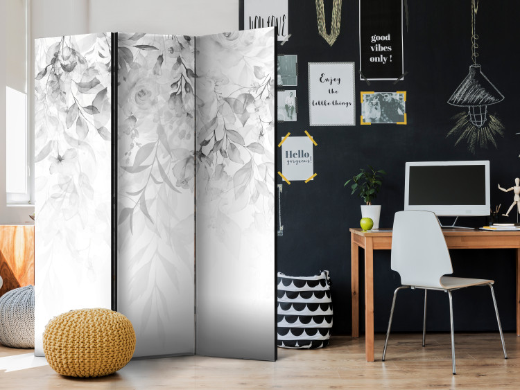 Room Divider Screen Rose Waterfall - Third Variant (3-piece) - Gray flowers amidst white 136172 additionalImage 2