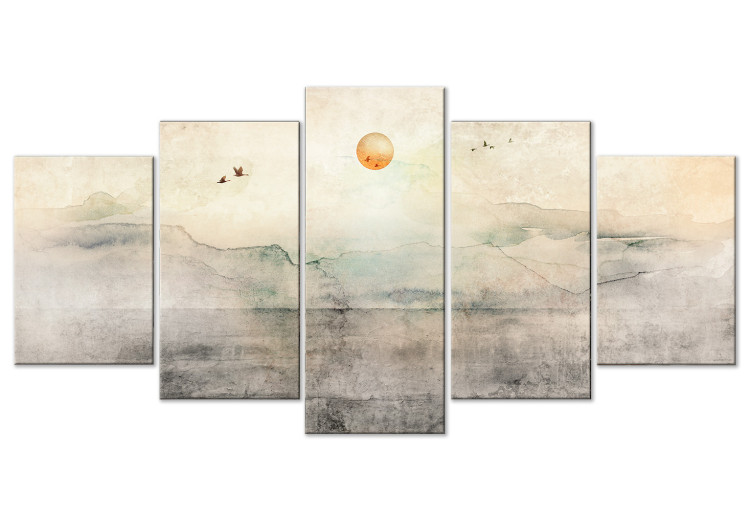 Canvas Print Silent Departure (5-piece) Wide - landscape with sun against mountains 143572