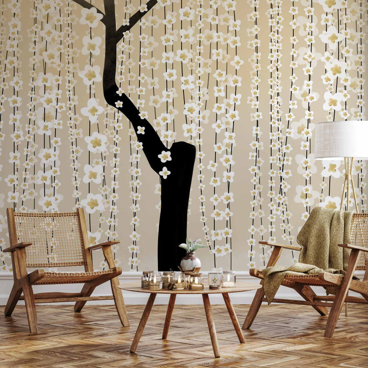 Wall Mural Tree with falling flowers - romantic bloom on a yellow background 144672