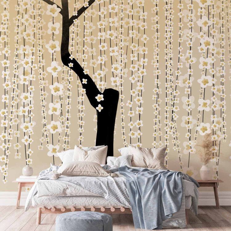 Wall Mural Tree with falling flowers - romantic bloom on a yellow background 144672 additionalImage 2