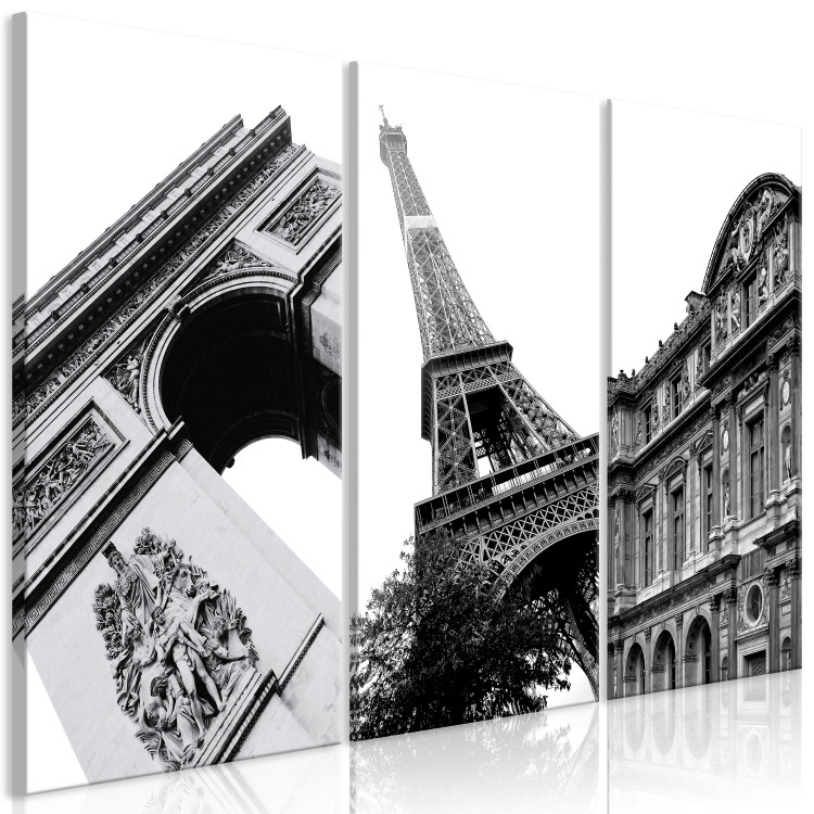 Canvas Art Print Paris Architecture (3-piece) - black-and-white frames of city landmarks 144972 additionalImage 2