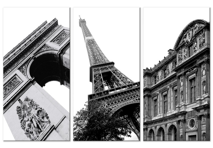 Canvas Art Print Paris Architecture (3-piece) - black-and-white frames of city landmarks 144972